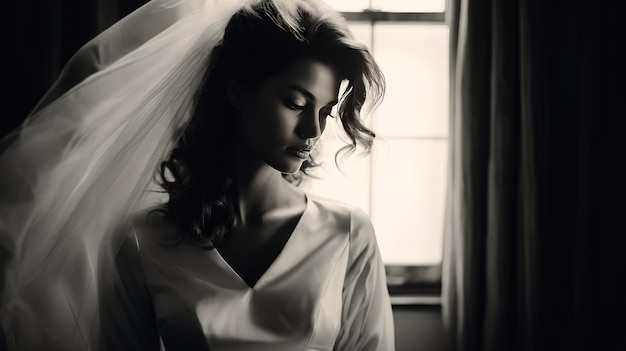 럭셔리 웨딩 드레스를 입은 아름다운 신부 패션 사진 블랙 앤 화이트는 Generative Al 기술로 만들어졌습니다.