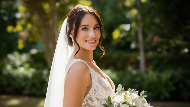 Beautiful bride in white dress posing