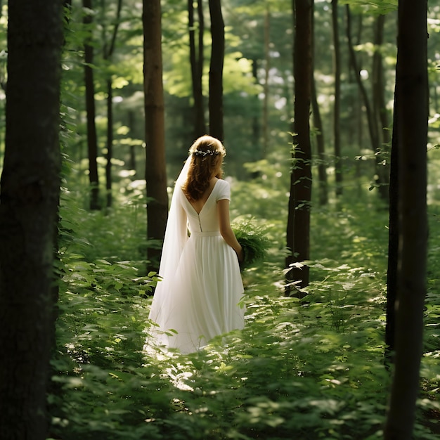 a beautiful bride in white standing in a forest with green trees