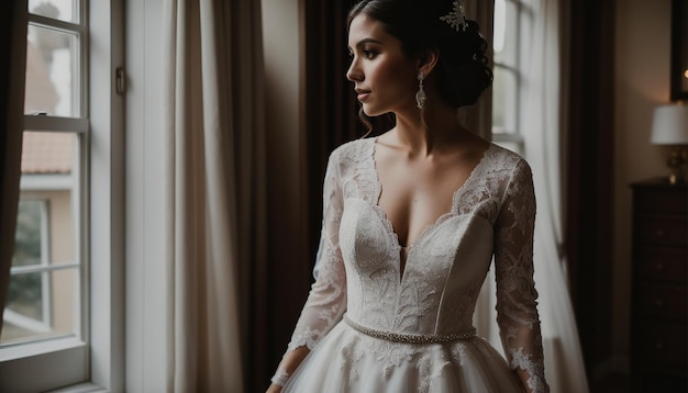 白いウェディングドレスを着た美しい花嫁がポーズをとっている