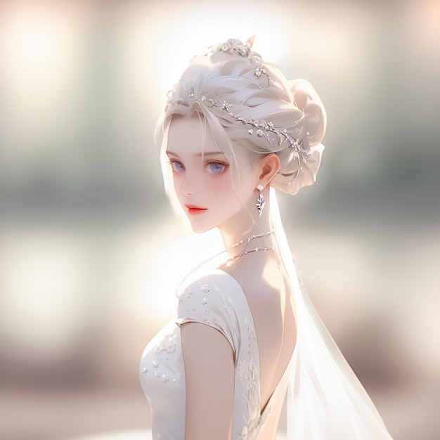 Beautiful Bride in White Wedding Dress with Flower and Crown Elegance and Fantasy Ai generated