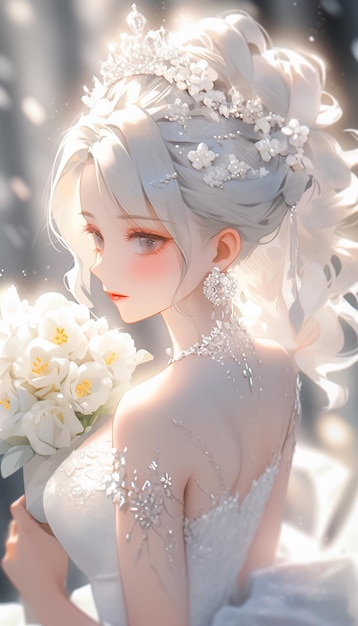 Beautiful Bride in White Wedding Dress with Flower and Crown Elegance and Fantasy Ai generated