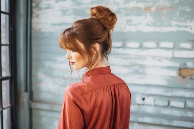 Photo a beautiful bride with a bun hairstyles for long hair look from back a female hairstyle rear view