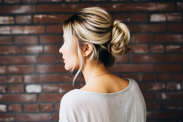 Photo a beautiful bride with a bun hairstyles for long hair look from back a female hairstyle rear view