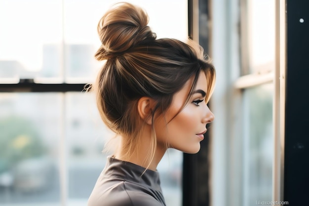 Photo a beautiful bride with a bun hairstyles for long hair look from back a female hairstyle rear view