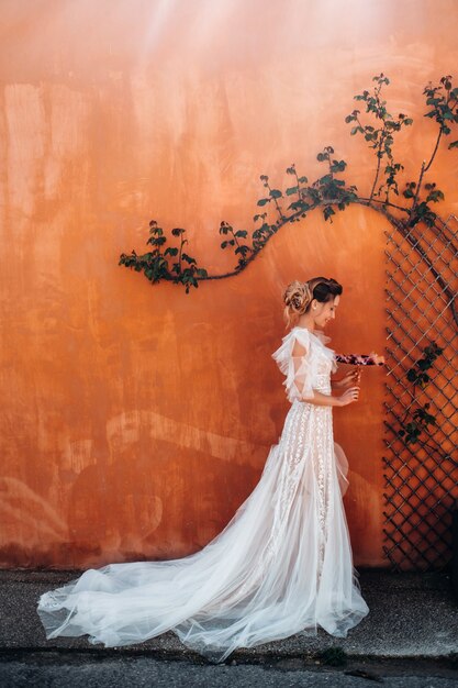 A beautiful bride with pleasant features in a wedding dress is photographed in Provence.