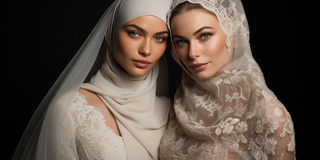 Beautiful brides in luxurious dresses and with a veil closeup Generative AI