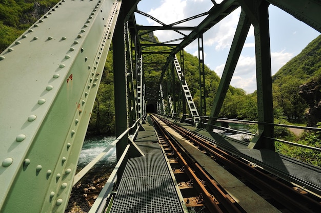 beautiful bridge in nature over wild river