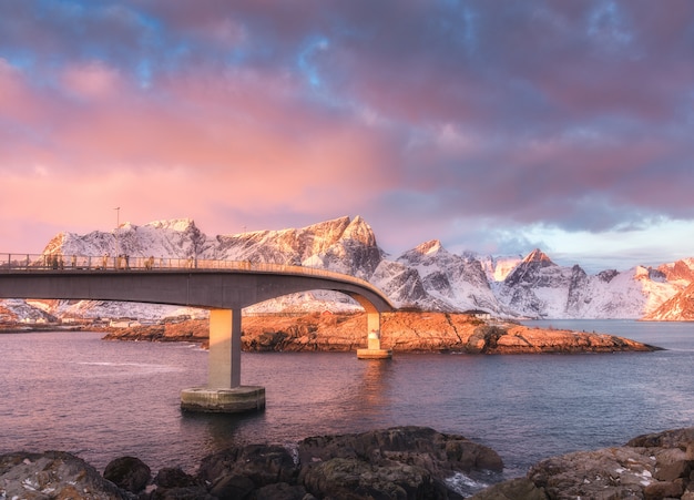 Beautiful bridge at sunrise in Lofoten islands