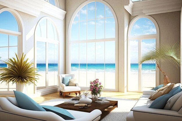 海のジェネレーティブ AI を見下ろす大きな窓がある美しい明るいビーチフロント ヴィラ