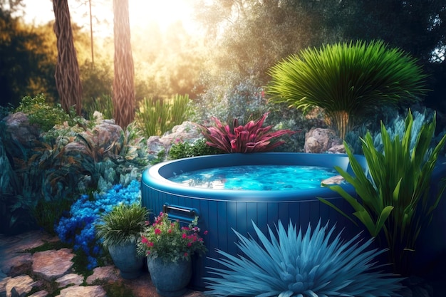 Beautiful bright blue outdoor hot tub surrounded by plants
