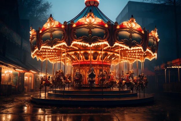 beautiful bright carousel in park at night in winter High quality photo