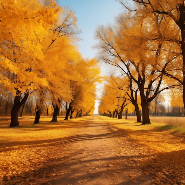 Photo beautiful bright colorful autumn landscape with a carpet of yellow leaves generative ai