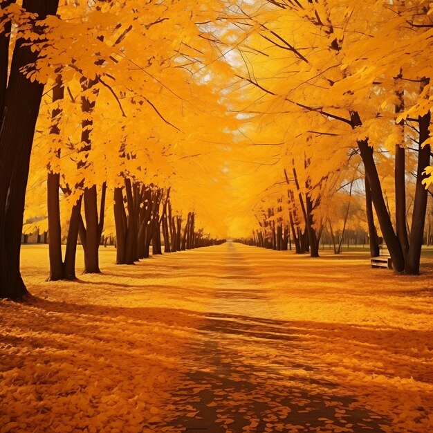 Photo beautiful bright colorful autumn landscape with a carpet of yellow leaves generative ai