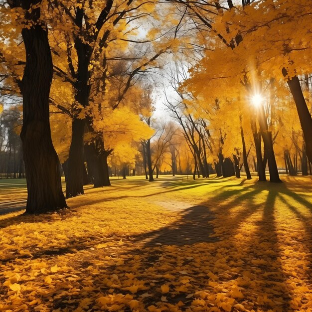 Photo beautiful bright colorful autumn landscape with a carpet of yellow leaves generative ai