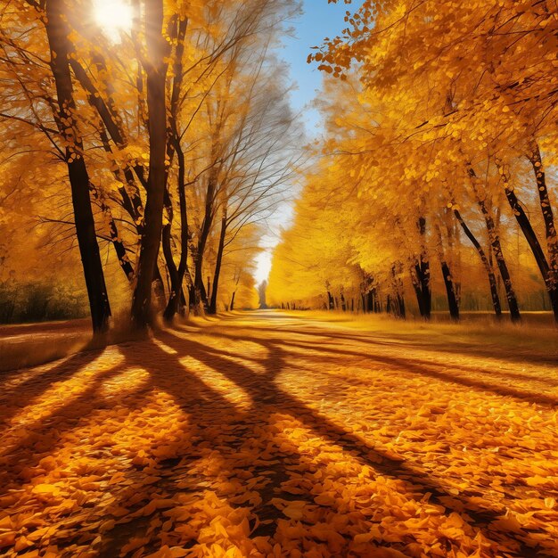 Photo beautiful bright colorful autumn landscape with a carpet of yellow leaves generative ai