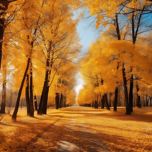 Photo beautiful bright colorful autumn landscape with a carpet of yellow leaves generative ai