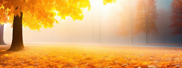 Beautiful bright colorful autumn landscape with a carpet of yellow leaves and a light slight haze mist natural park with autumn trees on a bright sunny day