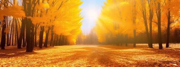 Beautiful bright colorful autumn landscape with a carpet of yellow leaves Natural park with autumn