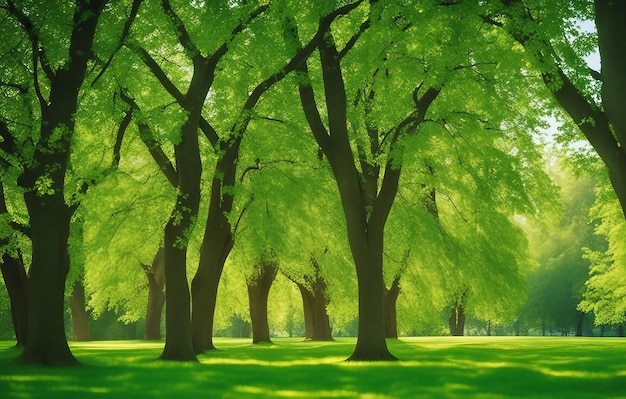 法律上の公園のジューシーな新鮮な緑の草の木々が茂る美しい明るいカラフルな夏春の風景