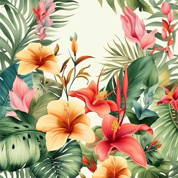 Beautiful bright colorful tropical background flowers creepers and palm leaves summer wallpaper