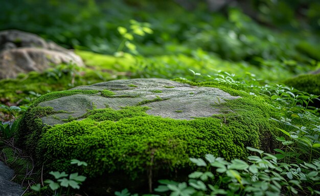 Beautiful bright green moss grown up cover the rough stones in the forest for product display mockup background