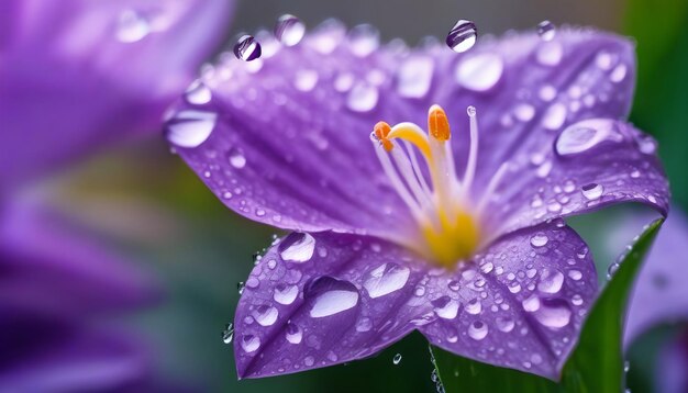 Beautiful bright lilac bell flower in drops of morning dew closeup water drops on bell petals in n