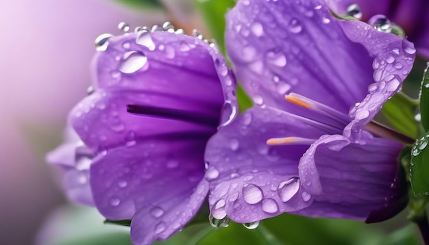 Beautiful bright lilac bell flower in drops of morning dew closeup water drops on bell petals in n