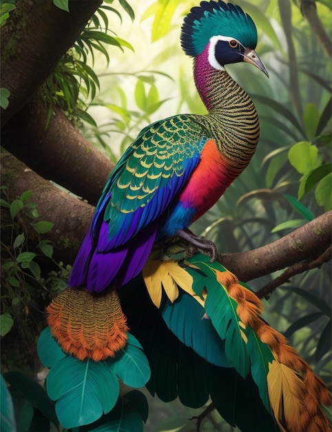 Beautiful bright multicolor peacocks in jungle