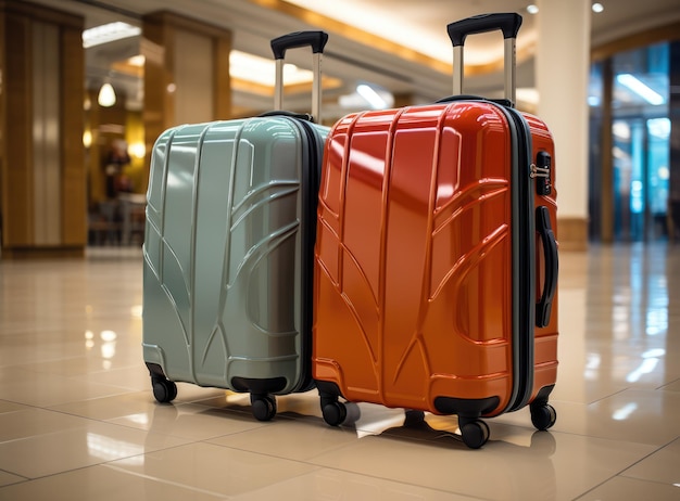 Beautiful bright multicolored suitcases stand in a row Theme of recreation tourism and travel