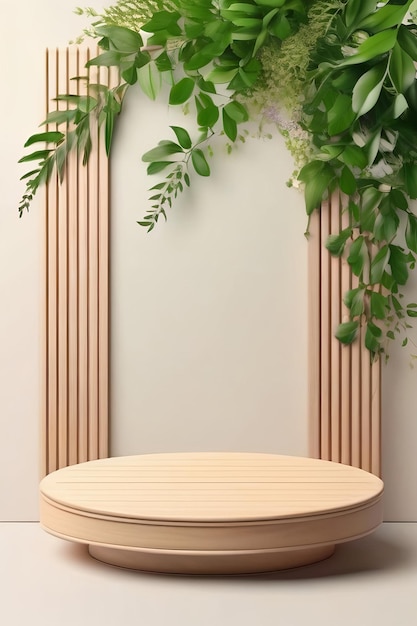 Beautiful bright natural template for product presentation in the form of wooden pedestal or podium