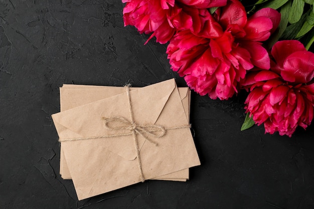 Beautiful bright pink flowers peonies and a stack of envelopes on a black graphite background. top view.