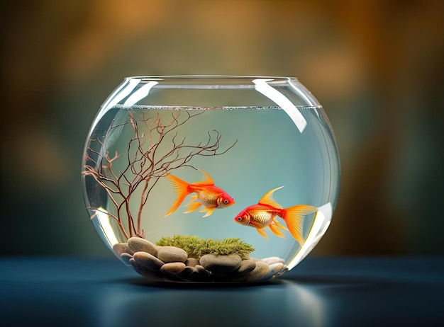 Beautiful bright small goldfishes in round glass aquarium on table indoors