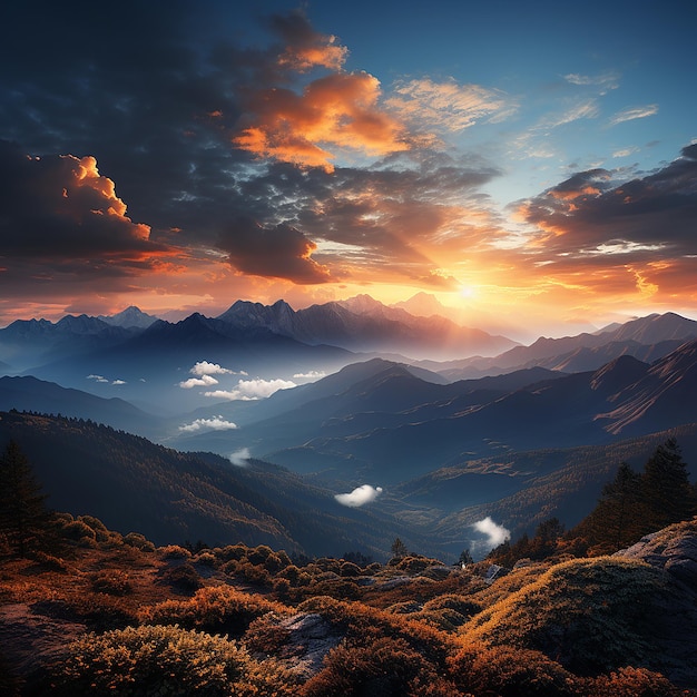 Beautiful bright sunrise in mountains and blue sky with white clouds