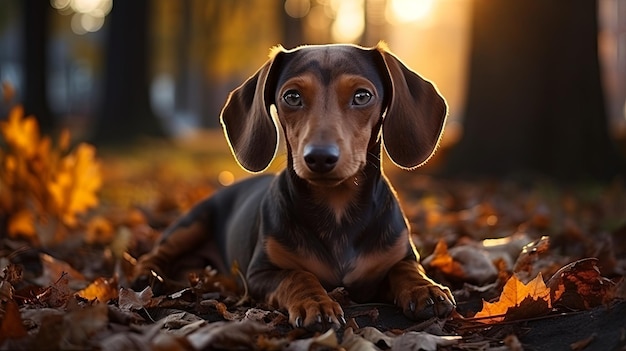 Beautiful brown dachshund dog in the park The dog is resting Walking with a dog in a city park Generative AI