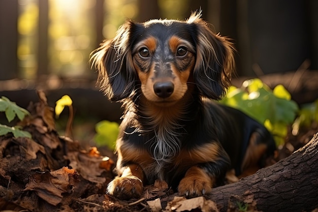 공원에서 아름다운 갈색 다크<unk>드 개 개는 휴식을 취하고 있습니다. 도시 공원에서 개와 함께 산책합니다.