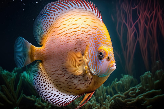 Beautiful brown discus fish in close up underwater view