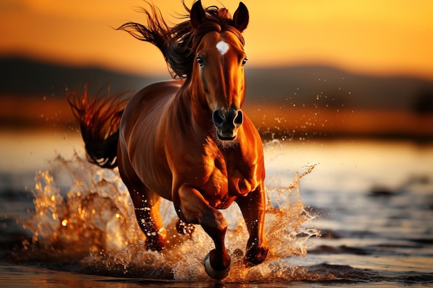 Foto bellissimo cavallo marrone o cavalla che attraversa l'acqua in spiaggia all'alba