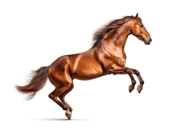 Beautiful brown horse rearing on white background