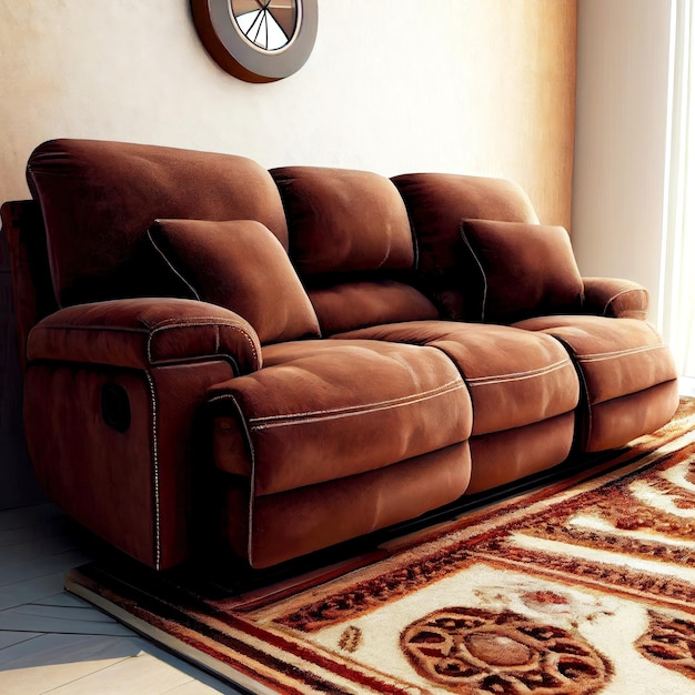 Beautiful brown reclining sofa with beige carpet background