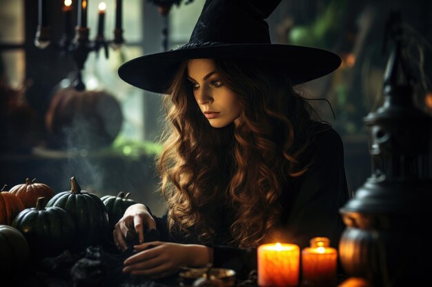 집 안의 모자를 입은 아름다운 갈색 머리 여자 마녀
