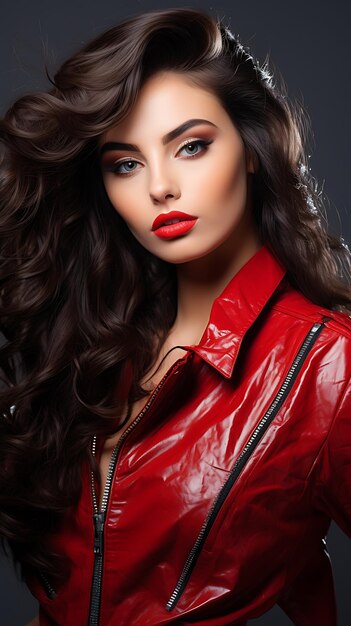 Beautiful brunette bright makeup red jacket posing studio model unaltered