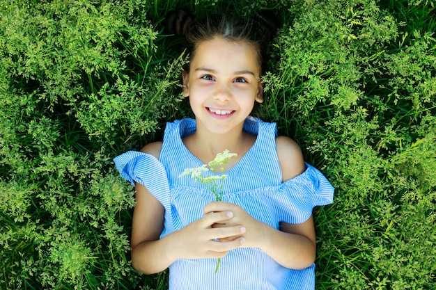 美しいブルネットの少女は夏に草の上に横たわって微笑む。高品質の写真