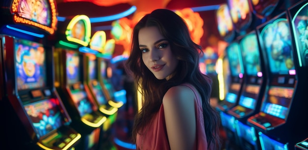 beautiful brunette girl looking at the camera in a casino against the background of slot machines