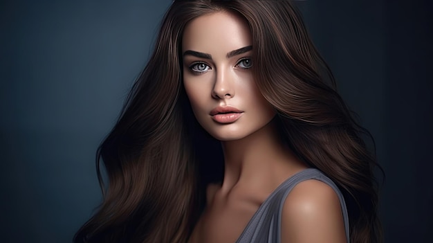 A Beautiful brunette girl in move with a perfectly smooth hair and classic makeup Beauty face Generative Ai