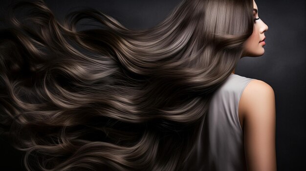 Foto bella ragazza bruna con i capelli lisci molto lunghi e ben curati sviluppare un annuncio per un parrucchiere