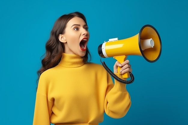 a beautiful brunette girl in a yellow turtleneck on a blue background shouts into a megaphone