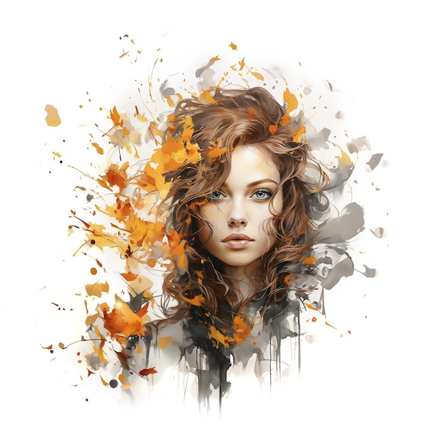 Beautiful brunette hair girl over autumn trees Oil painting style Generative AI image