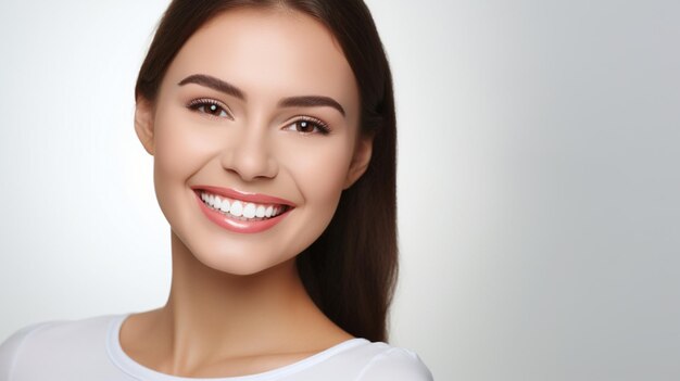 Photo beautiful brunette model woman smiling with perfectly clean teeth stock photo dental background