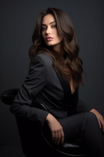 Beautiful brunette sitting in a black suit looking down